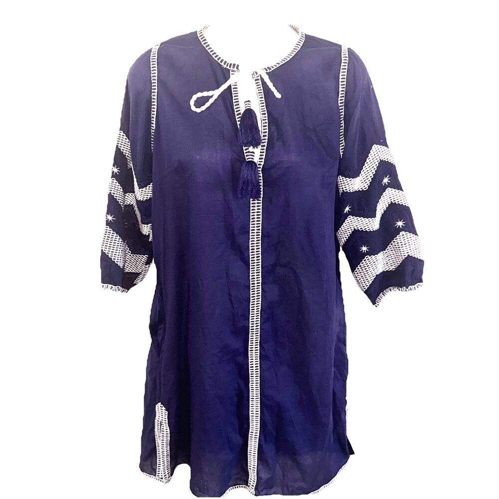 GRETCHEN SCOTT Navy Blue w/ White Embroidery Dress Tunic Swim Coverup sz Small